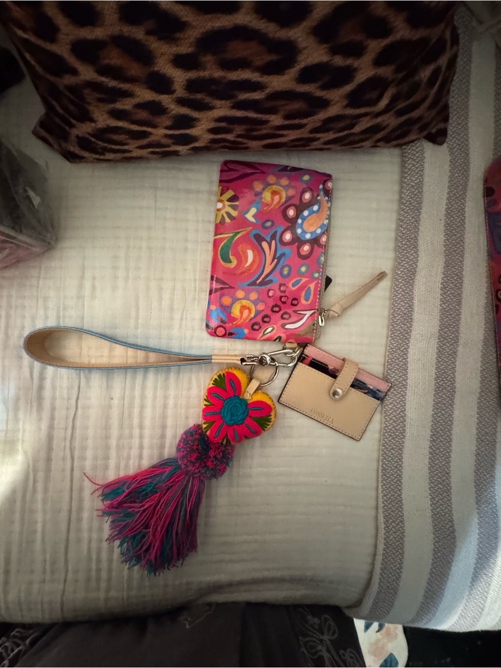 Colorful Combi Floral Heart Tassel Wristlet Keychain with Card Holder and zipper
